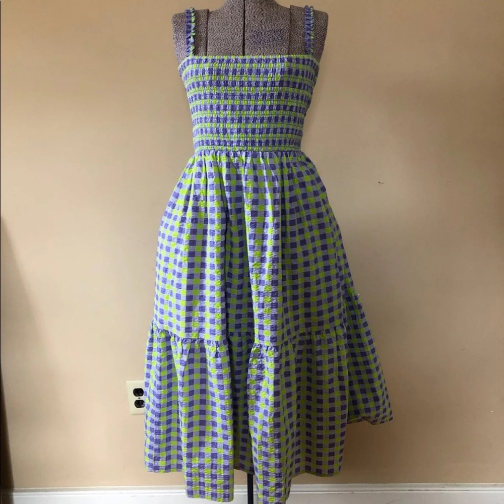 Ruched Tiered Gingham Midi Dress